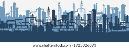 Industrial factories silhouette background. Blue oil refinery complex with pipes and tanks gas production rigs with endless steel vector landscape. Royalty-Free Stock Photo #1925826893