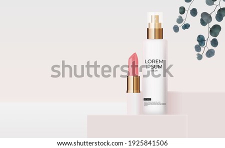 3D Realistic rose Pastel Cream Bottle and lipstick with eucalyptus leaves. Design Template of Fashion Cosmetics Product  for Ads, flyer or Magazine Background. Vector Illustration  EPS10