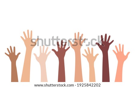 Multi-ethnic and Diverse Hands Raised Up Isolated on White Background. Vector Illustration Royalty-Free Stock Photo #1925842202