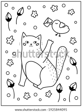 Coloring page for children. Cute cartoon cat with bird, spring flowers and plants. Outline vector illustration.