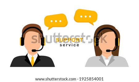 Call center operator. Male and female customer service avatar. Call center online assistant in headphones. Hotline support service 24h. Vector illustration. Royalty-Free Stock Photo #1925854001