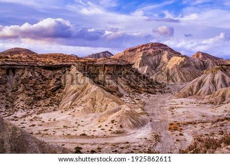 Spectacular view of the Rambla de Otero, in the Tabernas Desert, with a panoramic view used in the movie Lawrence of Arabia. In a scene of Indiana Jones and the last crusade appear in the foreground. Royalty-Free Stock Photo #1925862611