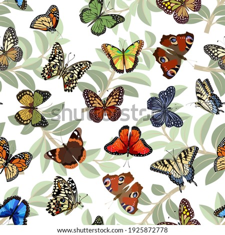 Pattern with multicolored butterflies.Multicolored butterflies on a background of leaves in a vector pattern.