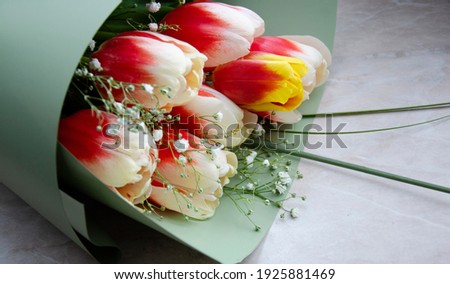 Close up image of red and white tulips flowers. Spring is coming. Beautiful bouquet of flowers. 