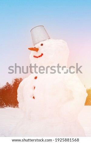 Cute smiling snowman in the field covered with snow. Artistically colored and tinted photography