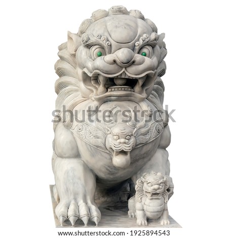 Foo Dog Statue Female Paw On cub. Chinese Lion Imperial guardian statue marble isolate on white background Royalty-Free Stock Photo #1925894543