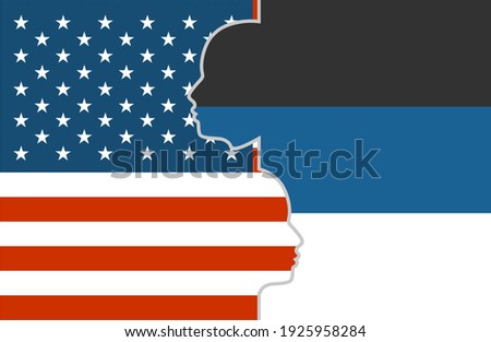 Image relative to politic and economic relationship between USA and Estonia. National flags inside the heads of the businessmen. Teamwork concept.