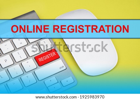 Online Registration Text and Graphics with keyboard and mouse on yellow and cyan background