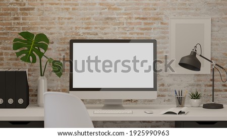 3d rendering, modern workspace with computer, lamp, supplies and decorations on the table with brick wall, clipping path, 3d illustration