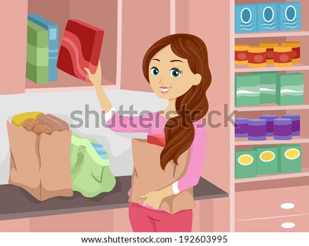 Illustration of a Girl Stocking Her Pantry with Fresh Supplies