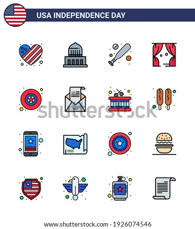 USA Independence Day Flat Filled Line Set of 16 USA Pictograms of star; badge; baseball; usa; leisure Editable USA Day Vector Design Elements