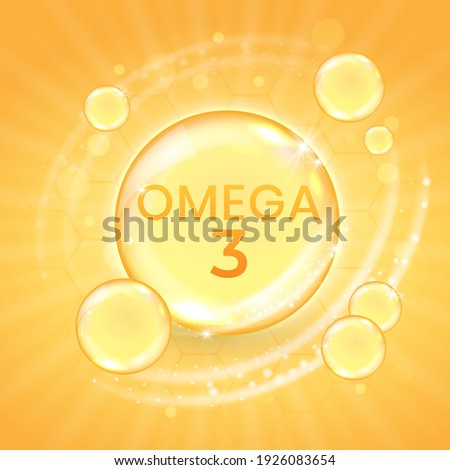 Omega-3 fatty acid supplement, shiny oil vitamin capsule. Fish oil droplet design template for advertisement or branding. Realistic vector illustration of golden essence bubble of dietary nutrition
