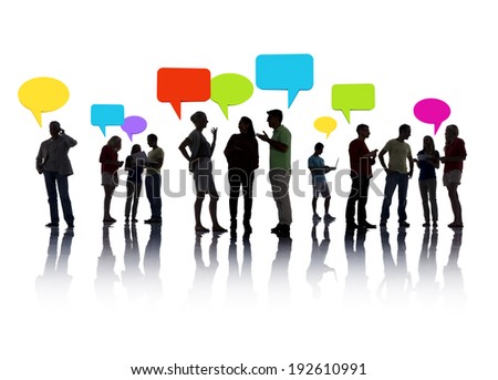 Group of business people communicating with speech bubbles.