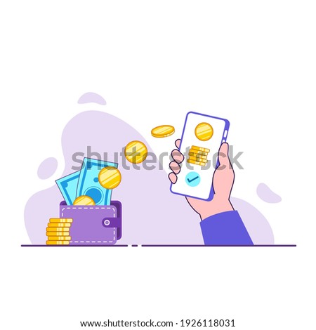Mobile money transfer from wallet with hand holding mobile phone. Online mobile payment transaction concept. Saving money. Flat vector illustration. Banner landing page design. Royalty-Free Stock Photo #1926118031