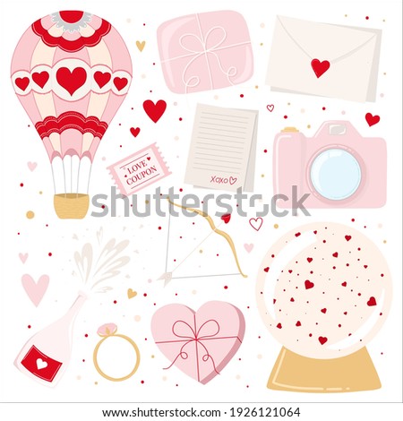 Clip art for Valentine's day Illustration. Hand drawn cute sticker pack for couples. Romantic themed printable with hearts and dots