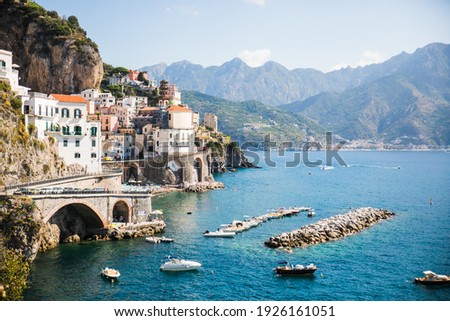 Italy Amalfi Coast in sunshine - sea view and city skyline Royalty-Free Stock Photo #1926161051