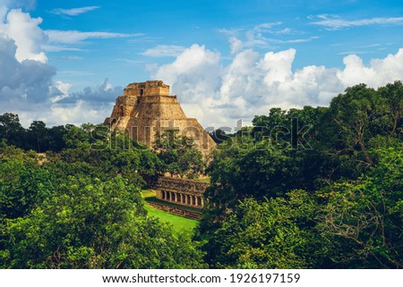 Pyramid of the Magician, uxmal, located in yucatan, mexico Royalty-Free Stock Photo #1926197159