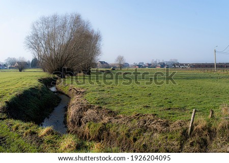 Nature pictures of district west flanders city Ruddervoorde.  Landscape in morning sun.  Belgium nature in one postcard with small rivers floating across the land.  Good weather in spring belgium