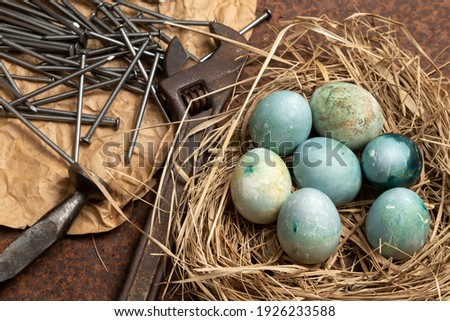 Nest with easter eggs. Happy Easter greeting card template