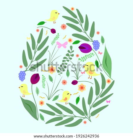 Easter painted colored egg with chickens, butterfly, grass, branches leaves on a blue background
