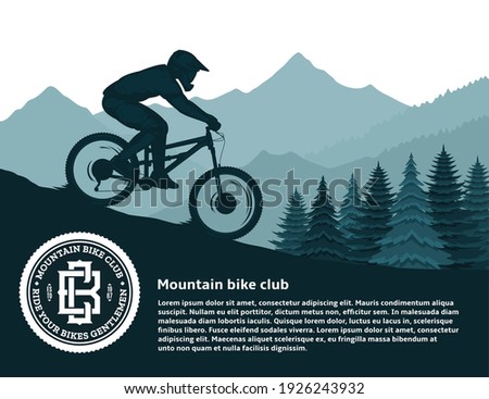 Vector mountain biking illustration with a cyclist, mountains and pines