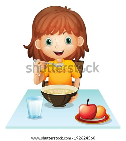 Illustration of a little girl eating her breakfast on a white background
