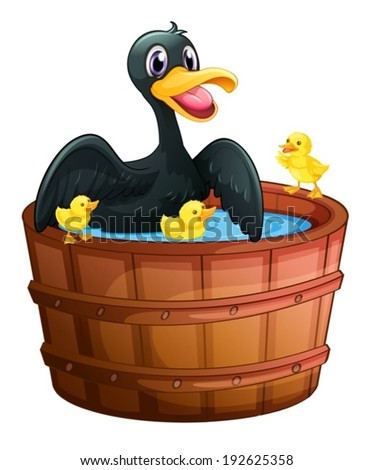 Illustration of a mini pool with a duck and her ducklings on a white background