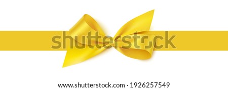 Decorative yellow bow with horizontal yellow ribbon isolated on white background. Vector stock illustration.	