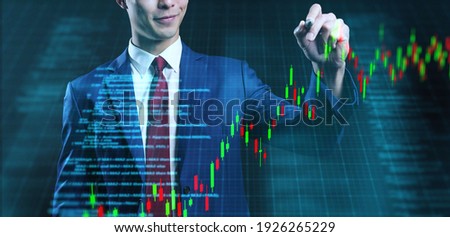 Business man with futuristic stock graph chart symbol background, finance business company investment digital currency blockchain and stock exchange market digital technology concept.