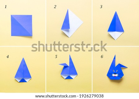 Step by step photo instruction How to make Origami paper bunny. Simple diy kids children's concept. collage of the steps photo