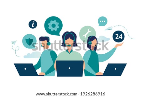 Customer service, hotline operators consult customers with headsets on computers, 247 global online technical support, Call center, call processing system, Vector illustration  Royalty-Free Stock Photo #1926286916