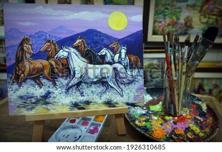             Art painting Fine art Oil color running horse Lucky from Thailand  , art supply  , Palette , paintbrush                 