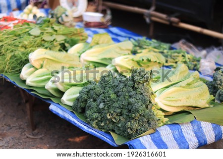 Green fresh vegetables substrate on the market stall. Green fresh vegetable texture storefront.