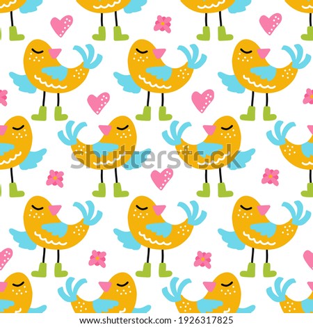 Colorful fantasy bird with pnk heart isolated on white background. Vector seamless pattern. Funny character in cartoon style.