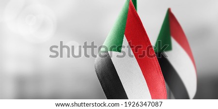 Small national flags of the Sudan on a light blurry background Royalty-Free Stock Photo #1926347087