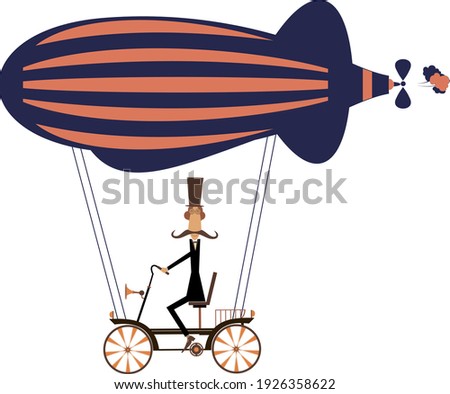 Funny mustache man on the airship illustration. 
Cartoon mustache man flies on the airship isolated on white illustration

