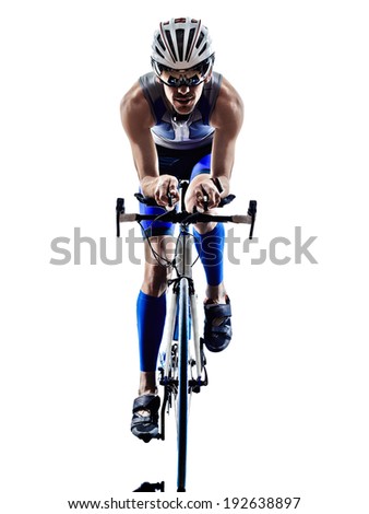 man triathlon iron man athlete bikers cyclists bicycling biking  in silhouettes on white background