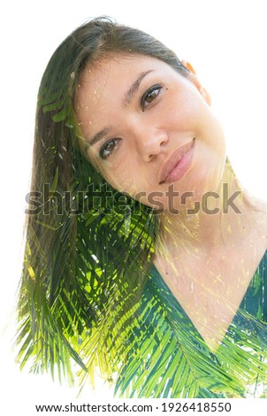 A double exposure aestetic photo portrait of an asian woman