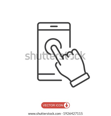 Hand touch smartphone icon in line style. Cursor finger vector illustration on white isolated background. Hand touch screen for app, web design and business concept. Royalty-Free Stock Photo #1926427115