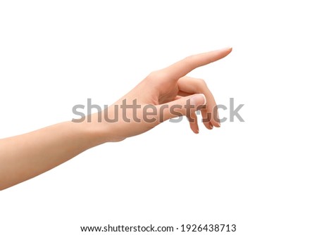a woman's hand points to something with her index finger. cut out Royalty-Free Stock Photo #1926438713