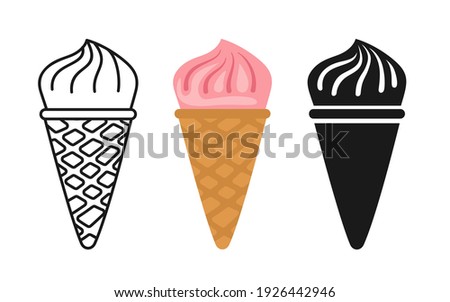 Strawberry ice cream cartoon set, line icon and black glyph style. Kawaii bright summer collection sweet food. Comic hand drawn sketch cute spiral Ice cream. Isolated dessert vector illustration
