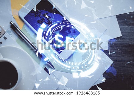 Double exposure of SEO hologram drawing over desktop. Top view. Search optimization concept.
