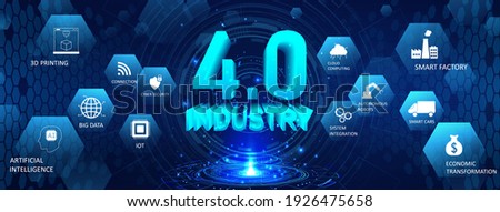 Web banner Industrial Revolution 4.0. Scifi hologram and 3D numbers with conceptual icons. Industry 4.0 concept (Cloud computin, IOT, artificial intelligence robotics, physical systems) Vector banner Royalty-Free Stock Photo #1926475658