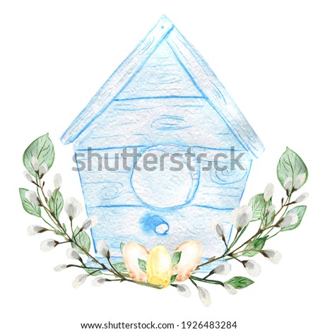 Watercolor Easter birdhouse with eggs and willow. Illustration on an isolated white background.