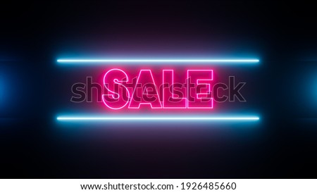 Sale banner for promotion in neon style. Text in neon red with two neon tubes in light blue above and below. Procedural graphic designed as a 3D render, 3D illustration.