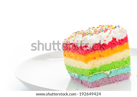 Rainbow cake isolated on white