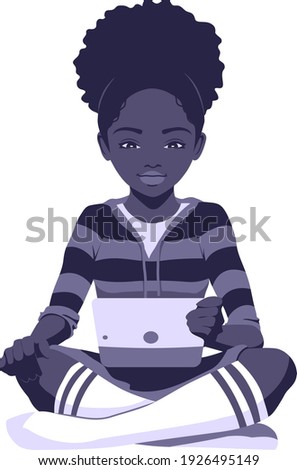 One color illustration of a young black woman sits cross legged reading a table computer.