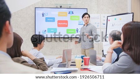 corporate teamwork - young asian busineswoman lead group of business startup team in strategic meeting presentation and a young man ask question