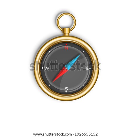Compass isolated on white background round gold case with blue and red arrow top view, tourist device for orienteering on the ground, realistic 3d vector illustration.