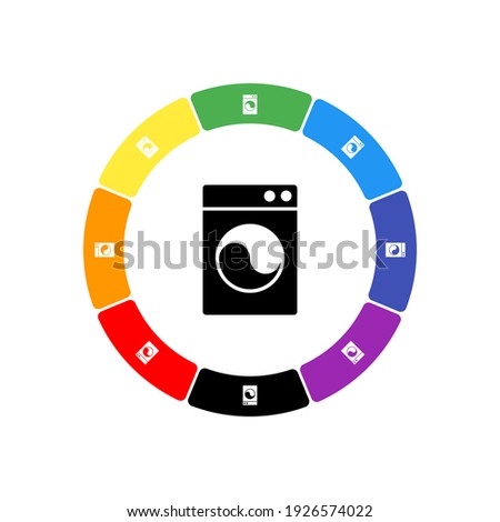 A large black washer symbol in the center, surrounded by eight white symbols on a colored background. Background of seven rainbow colors and black. Vector illustration on white background
